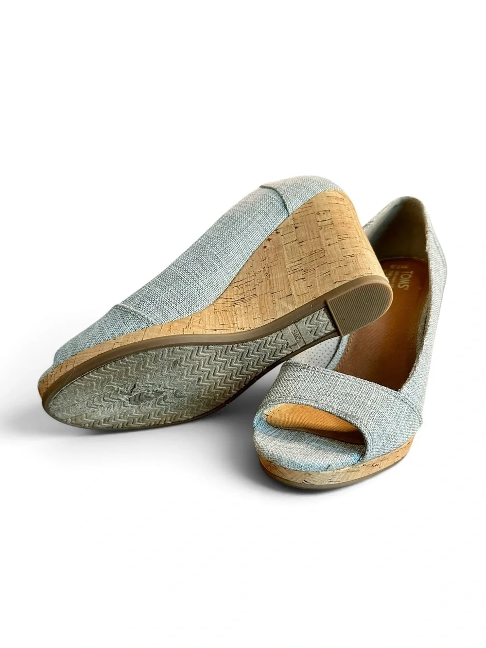 Toms Light Gray Linen Peep-Toe Cork Wedge Heels